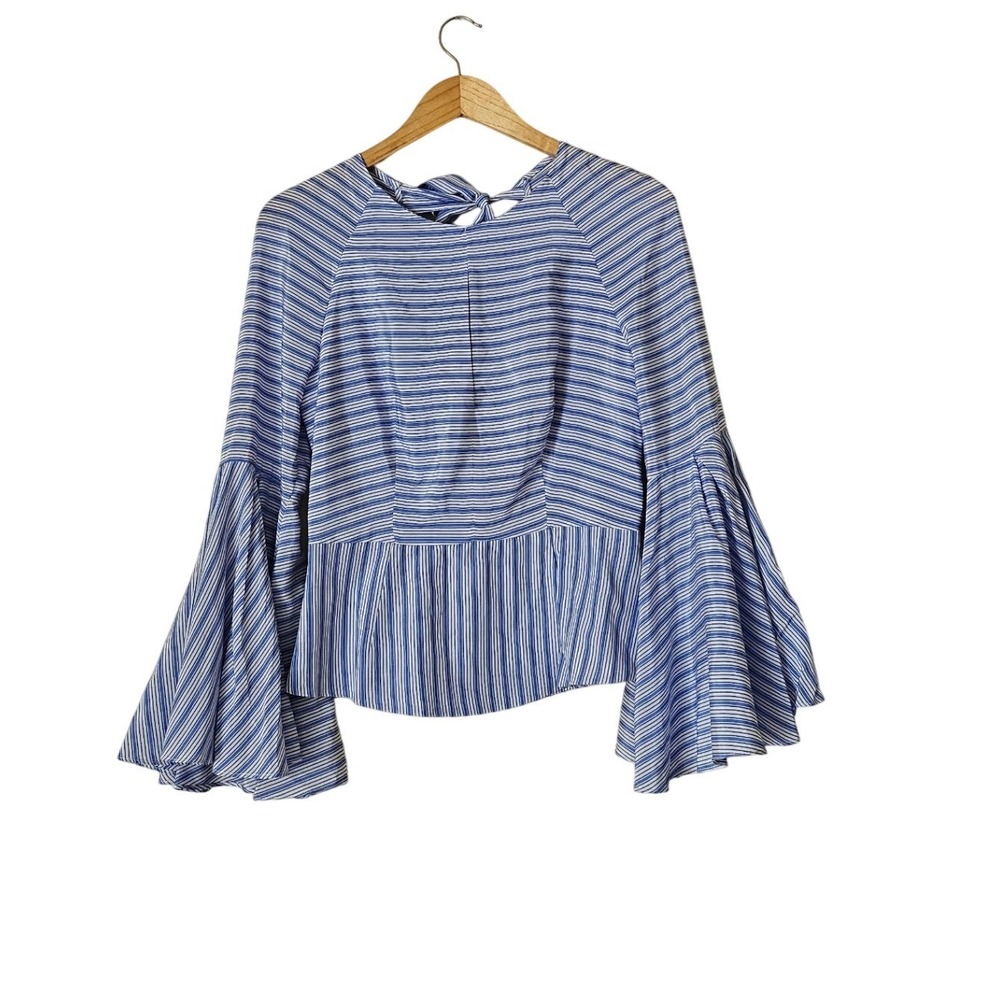 Millyโ Bell Sleeve Peplum Architectural Blouse Blue White Stripe Sz 8 Editorial
